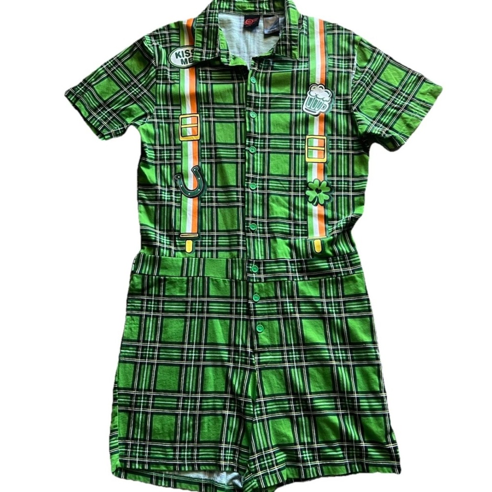 MAD Engine Green Plaid Novelty Romper with Orange Accent